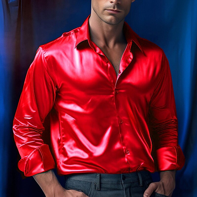 Men's Shirt Satin Shirt Casual Shirt Button Up Shirt Black Yellow Blue Red Light Grey Long Sleeve Plain Lapel Vacation Daily Clothing Apparel Fashion Casual Comfortable3
