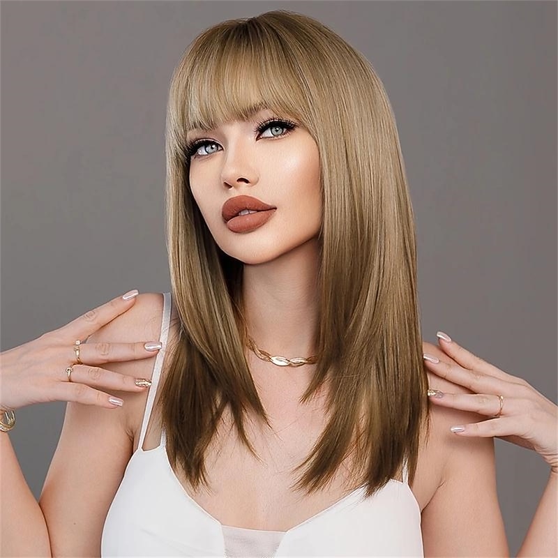 Synthetic Brown Ombre Blonde Wigs With Bangs Natural Soft Straight Layered Hair Wig For Women Daily Party High Density Heat Resistant3