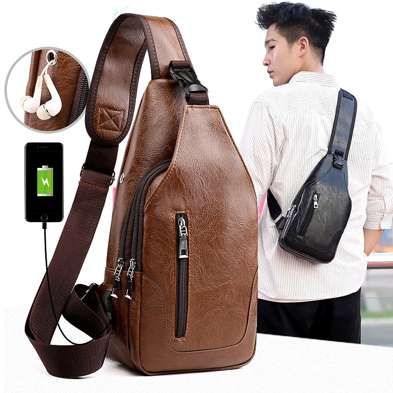 Men's Crossbody Bag Shoulder Bag Chest Bag Leather Outdoor Daily Holiday Zipper Large Capacity Waterproof Lightweight Solid Color Dark Brown Black Brown