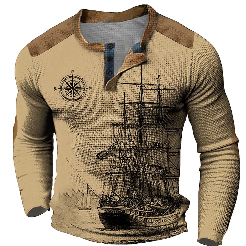 Men's Ship Nautical Compass Henley Shirt Waffle T Shirt Long Sleeve 3D Print Designer Retro Vintage Casual Sports Outdoor Holiday Festival Spring &  Fall Light Brown Blue Brown Green Gray Henley2