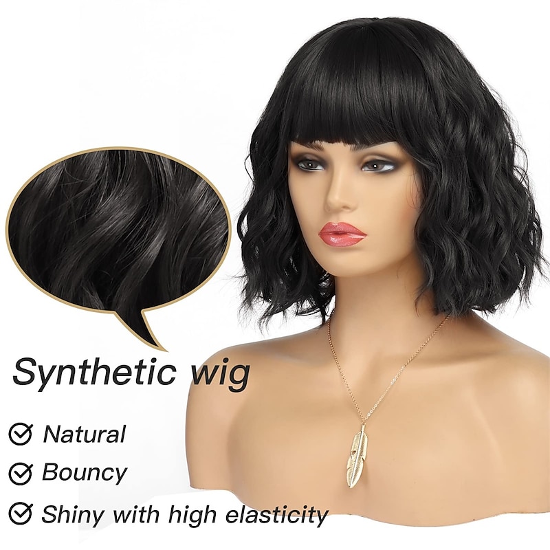Short Black Bob Wig With Bangs Synthetic Natural Hair Wigs for Women Wavy Shoulder Length Wig Water Wave(12 Inches)3