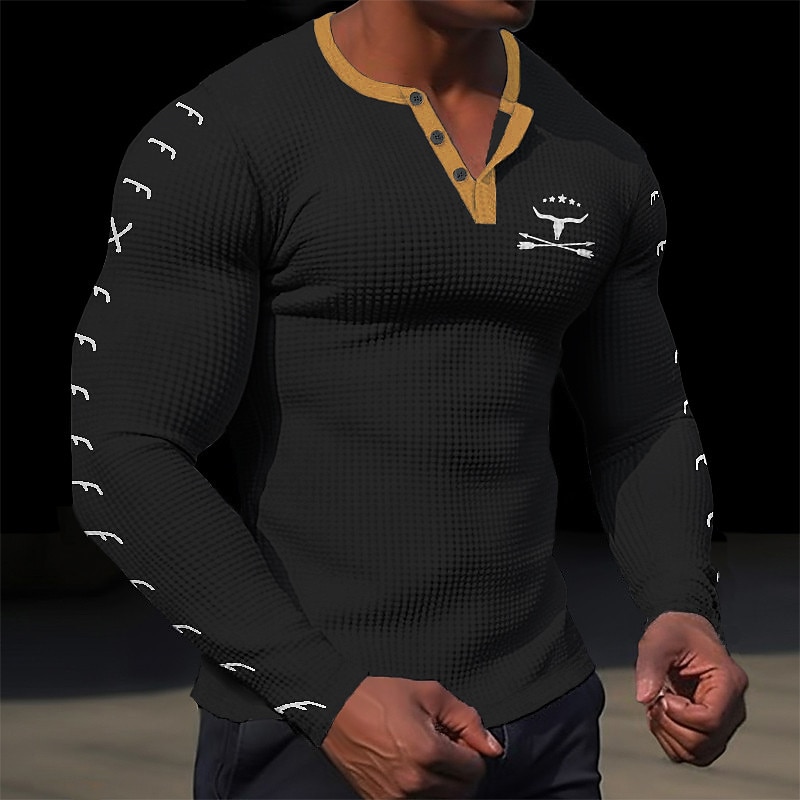 Men's Graphic Cowboy Henley Shirt Waffle T Shirt Long Sleeve 3D Print Designer Retro Vintage Casual Sports Outdoor Holiday Festival Spring &  Fall Black White Brown Army Green Henley Henley T-Shirt4