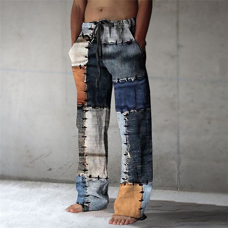 Plaid Color Block Abstract Men's 3D Print Pants Trousers Outdoor Street Going out Polyester Navy Blue Navy Blue Blue S M L Mid Waist Elasticity Pants