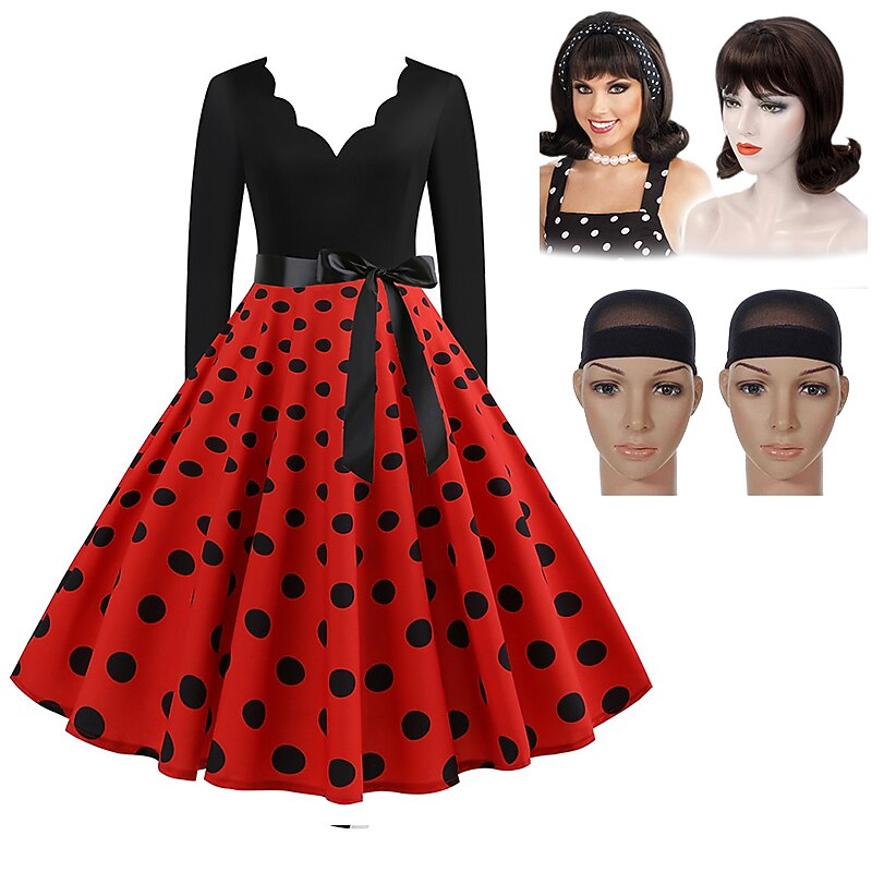Set with Polka Dots Vintage Dress Beehive Curl Hair Wig 2* Wig Caps 4 PCS 1950s Retro Vintage Tea Dress A-Line Dress Rockabilly Flare Dress Women's Costume Christmas Homecoming4