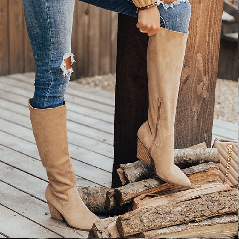 Women's Suede Knee-High Cowboy Boots – Western Style Pointed Toe Slouch Boots with Chunky Heel for Fall and Winter Fashion
