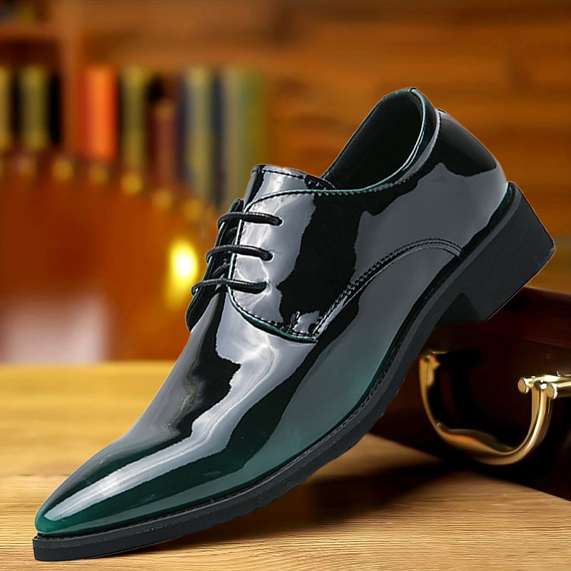 Men's Green Gradient Patent Leather Oxford Dress Shoes, Shiny Lace - Up Formal Shoes for Weddings Business Events