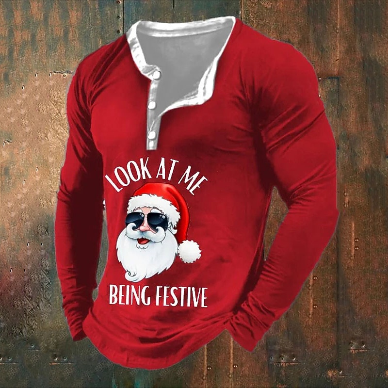 Christmas Men's Funny Christmas Henley T Shirt Graphic Santa Claus Fashion Daily Casual 3D Print Henley Casual Holiday Going out Black Red & White Green Long Sleeve Henley Spring &  Fall Clothing4