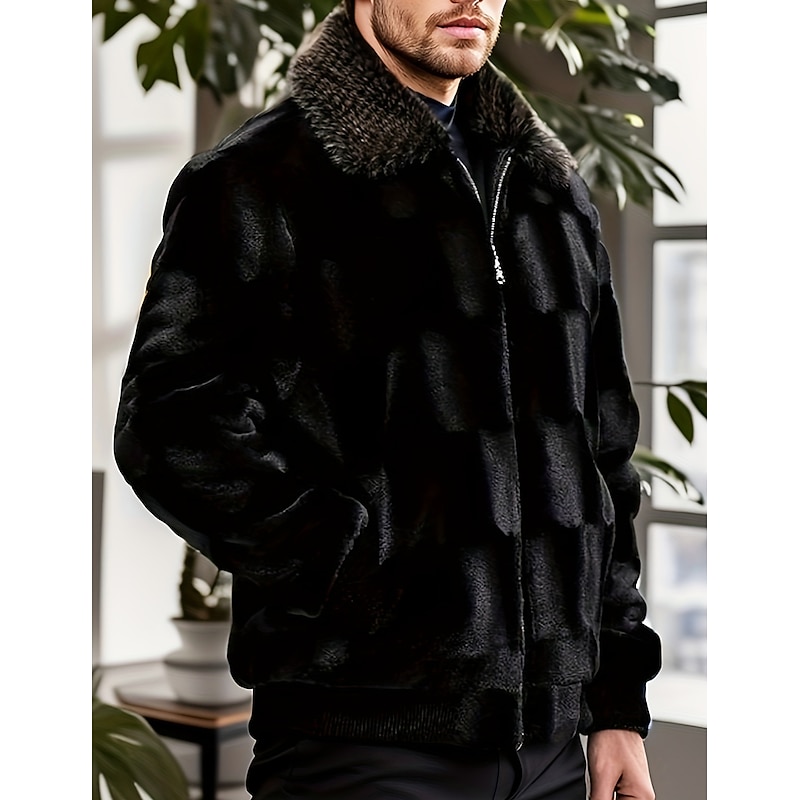Men's Winter Jacket Faux Fur Outdoor Vacation Warm Fall Winter Plain Fashion Streetwear Lapel Regular Black Jacket3