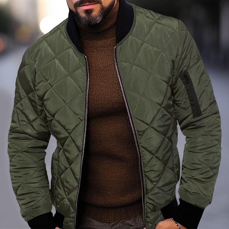 Men's Quilted Jacket Transition Jacket Going out Pocket Spring &  Fall Plain Streetwear Standing Collar Regular Black Wine Blue Red Army Green Jacket4