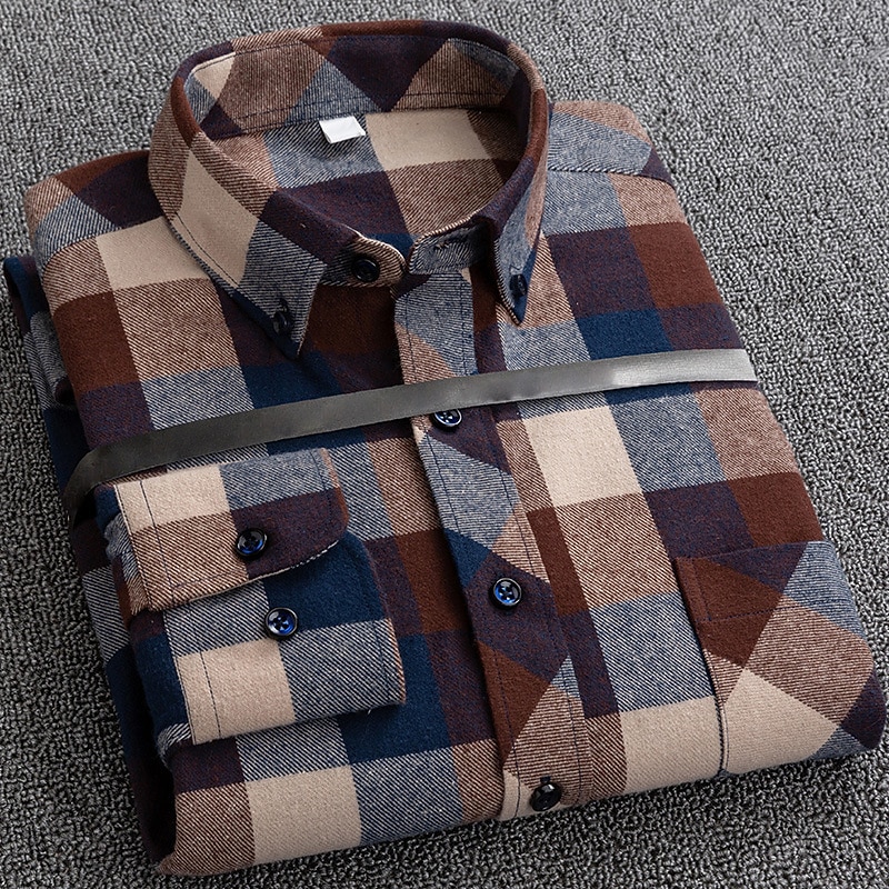 Men's Shirt Casual Shirt Plaid Shirt Button Up Shirt Plaid / Check Outdoor Daily Wear Red Blue Brown Dark Blue Long Sleeve Lapel Fall & Winter Clothing Apparel Front Pocket2