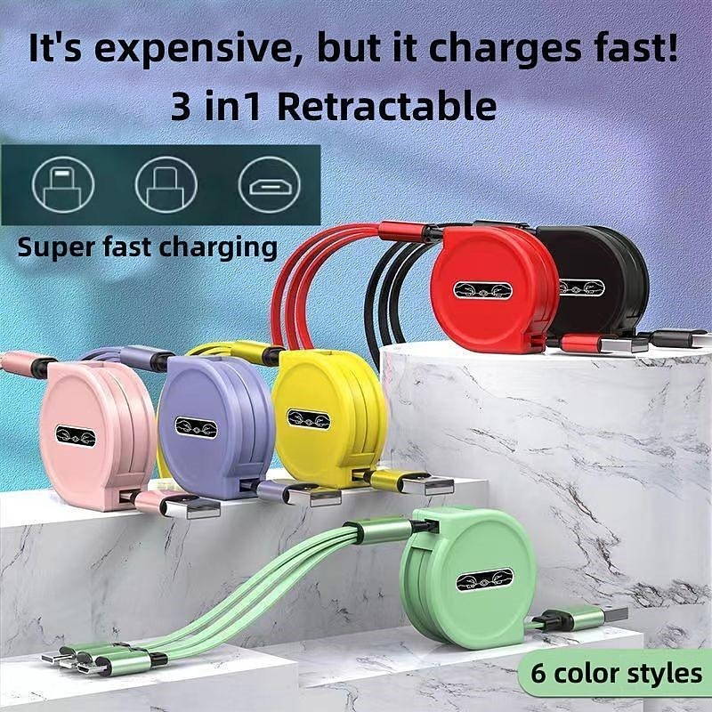 2023 New 3 In 1 Retractable USB Cable Mobile Phone Universal Charger Cable Fast Charging Cable USB Cable for Iphone for samsung for HUAWEI  for Xiaomi for OPPO for Google