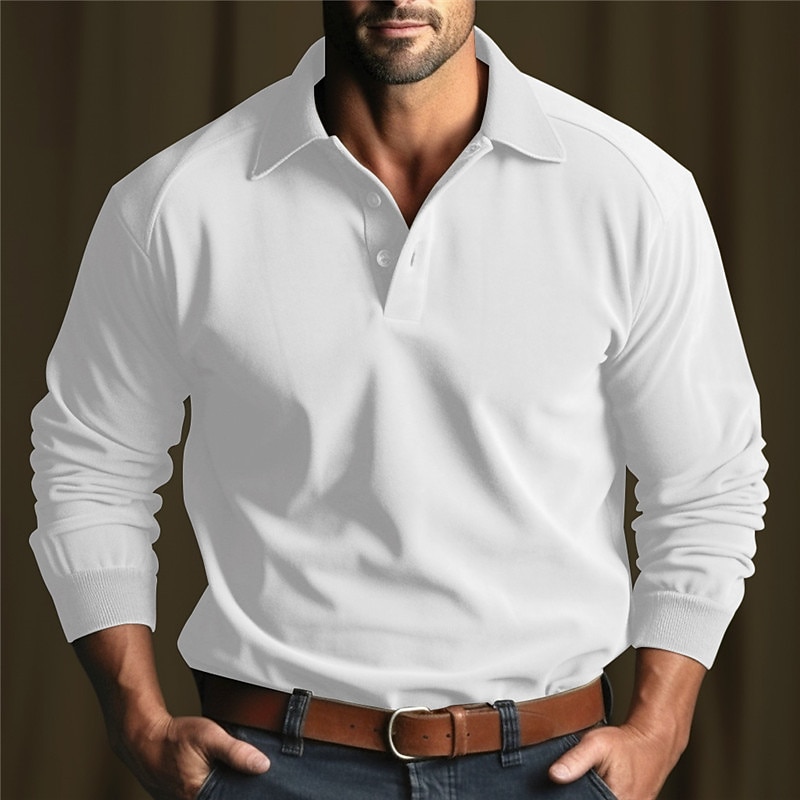 Men's Button Up Polos Polo Shirt Casual Sports Lapel Long Sleeve Fashion Basic Plain Button Spring &  Fall Regular Fit White Blue Khaki Dark Gray Button Up Polos