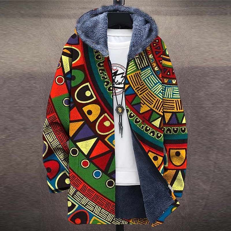 Men's Winter Coat Fleece Jacket Coat Thermal Warm Vintage Tribal Daily Wear Going out Pocket Print Fall & Winter Hooded Long Sleeve Green