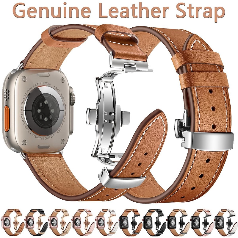Genuine Leather Strap Band for smart watch Ultra/Ultra2 49mm 9 8 7 45mm 41mm 44mm 40mm 42mm 38mm men women metal butterfly buckle watchband bracelet belt  for watch series
