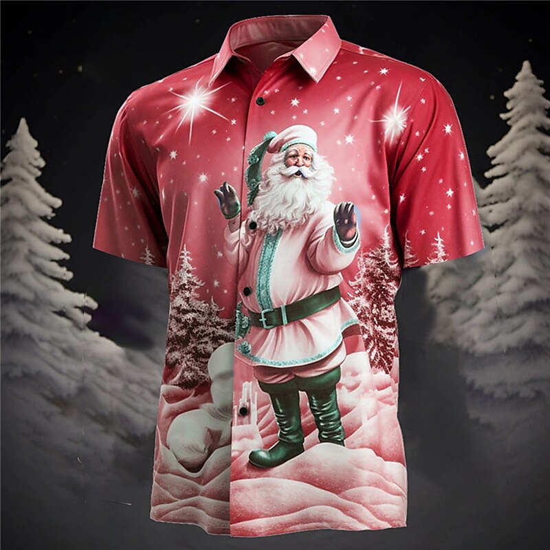 Christmas Men's Santa Claus Printed Shirts Santa Claus Casual Daily Wear Going out Weekend Autumn / Fall Turndown Short Sleeves Burgundy, Blue, Purple S, M, L 4-Way Stretch Fabric Christmas2