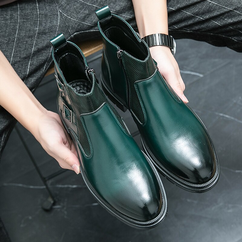 Men's Navy Blue Faux Leather Chelsea Boots, Double Buckle Ankle Boots with Elastic Side for Stylish Durable Wear 15