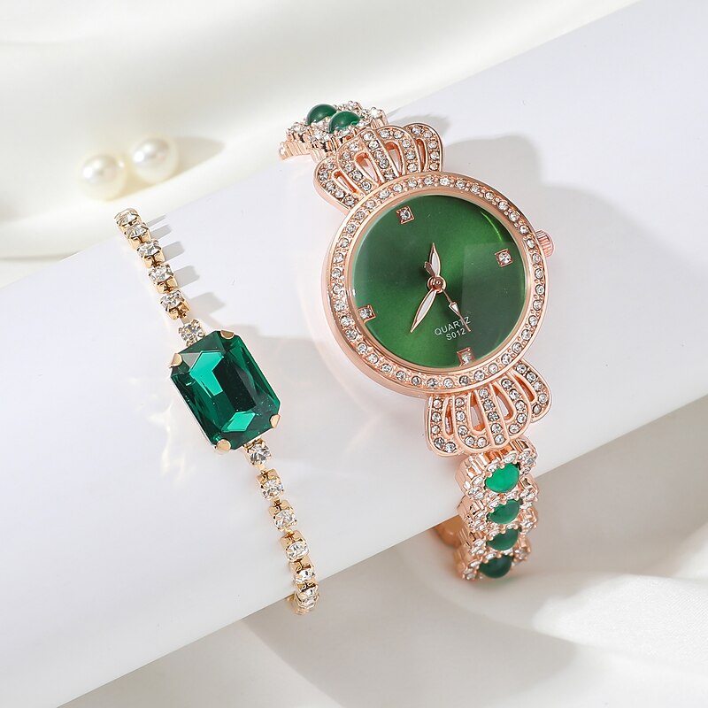 Shining Ladies Watches Gifts Set with Diamond Decorated Bracelet Necklace Ring Earrings Luxury Fashion Jewellery Green Jade Quartz Wrist Womens Watch Rose Gold 5Pcs/Set3