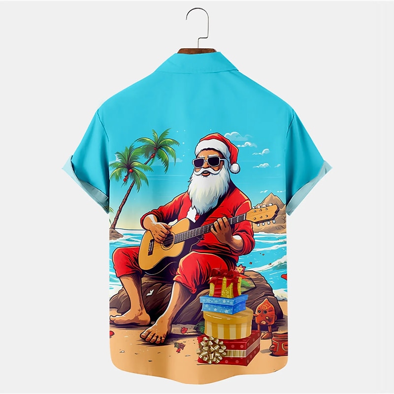 Christmas Men's Santa Claus Hawaiian Shirt Santa Claus Casual Outdoor Street Casual Daily Fall Turndown Short Sleeve Blue S M L Shirt2