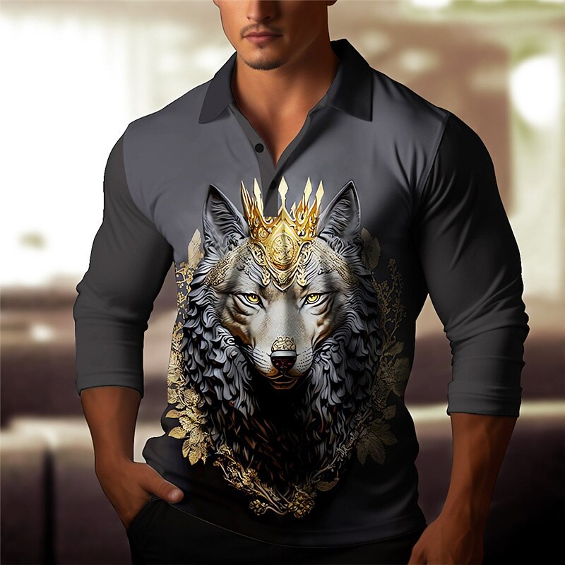 Men's Wolf Polo Shirts Golf Shirt Long Sleeve Polo Shirts Collared Shirts Casual Funny Vacation Wear Party Outfits 3D Print Buttons Fall & Winter Dark Navy Gray2