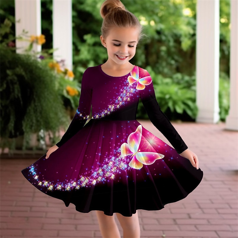 Girls' 3D Butterfly Dress Long Sleeve 3D Print Fall Winter Vacation Sports & Outdoor Daily Cute Casual Beautiful Kids 3-12 Years Casual Dress A Line Dress Above Knee Regular Fit2