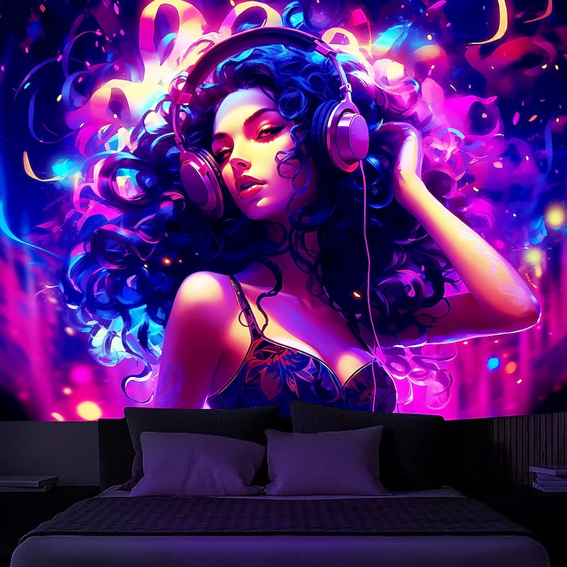Blacklight Tapestry UV Reactive Glow in the Dark Glow Party Neon Trippy Misty Pop Woman Hanging Tapestry Wall Art Mural for Living Room Bedroom