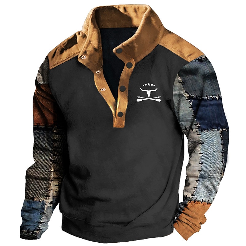 Men's Graphic Color Block Cowboy Sweatshirts Sweatshirt Long Sleeve Sweatshirt Stand Collar Daily Casual Vintage Retro 3D Print Vacation Sports Outdoor Holiday Print Spring &  Fall