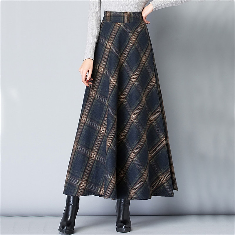 Women's A Line Plaid Skirt Maxi High Waist Skirts Pocket Long Color Block Plaid Checkered Daily Date Spring &  Fall Twilled Satin Elegant Retro Vintage Blue Grey2