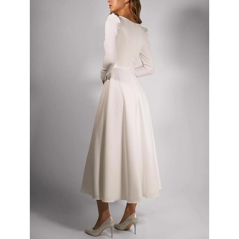 Beach Wedding Simple Wedding Dresses Casual Wedding Dresses A-Line Square Neck Long Sleeve Tea Length Stretch Fabric Bridal Gowns With Pleats Solid Color2