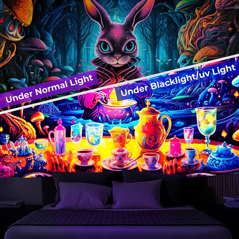 Mushroom Wonderland Blacklight Tapestry UV Reactive Glow in the Dark Rabbit Magic World Nature Landscape Hanging Tapestry Wall Art Mural for Living Room Bedroom3