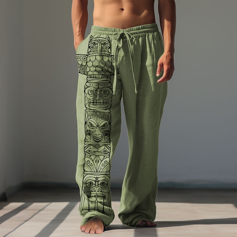 Men's Tribal Bandana Print Linen Pants Pants Trousers Baggy Pants Mid Waist Vintage Outdoor Daily Wear Streetwear Fall & Winter Green Khaki Gray4