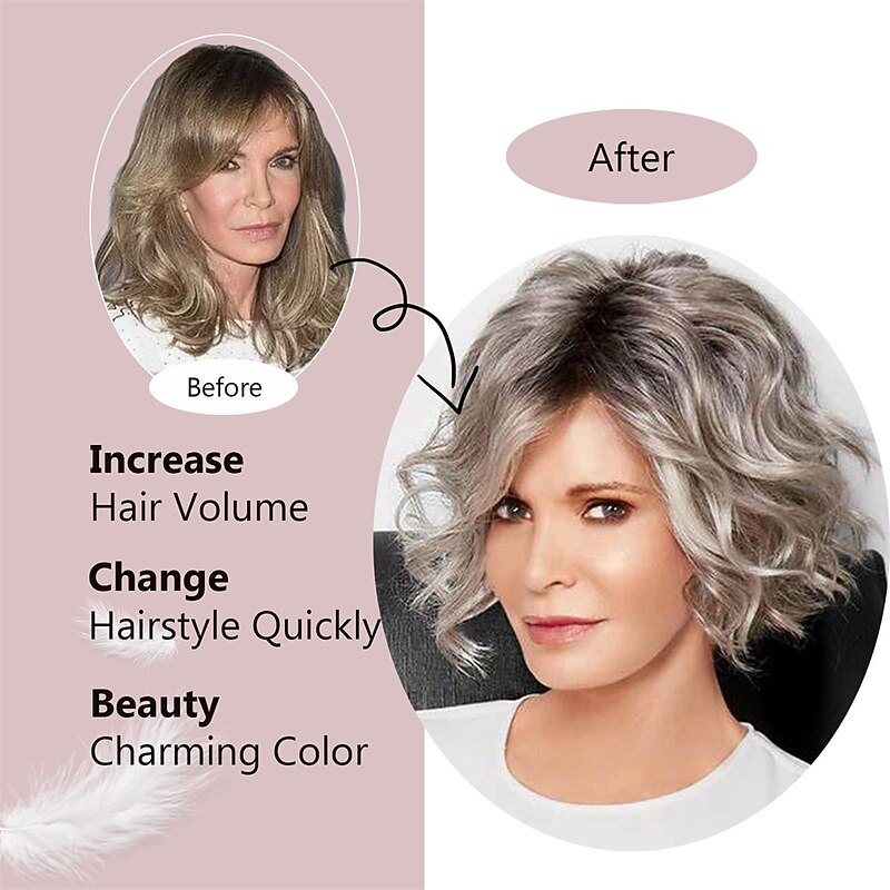 Short Wavy Wig Ombre Grey Mixed Brown Curly Bob Wigs for Women Chin Length Gray Layered Wavy Bob Wig with Dark Roots Natural Looking Synthetic Wigs for Ladies Daily Cosplay Hair Wig3