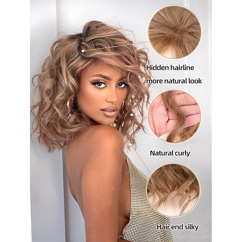 14 inch Short Curly Wavy Bob Wigs for Women Ombre Blonde Wavy Wigs with Side Bangs Synthetic Hair Wig3