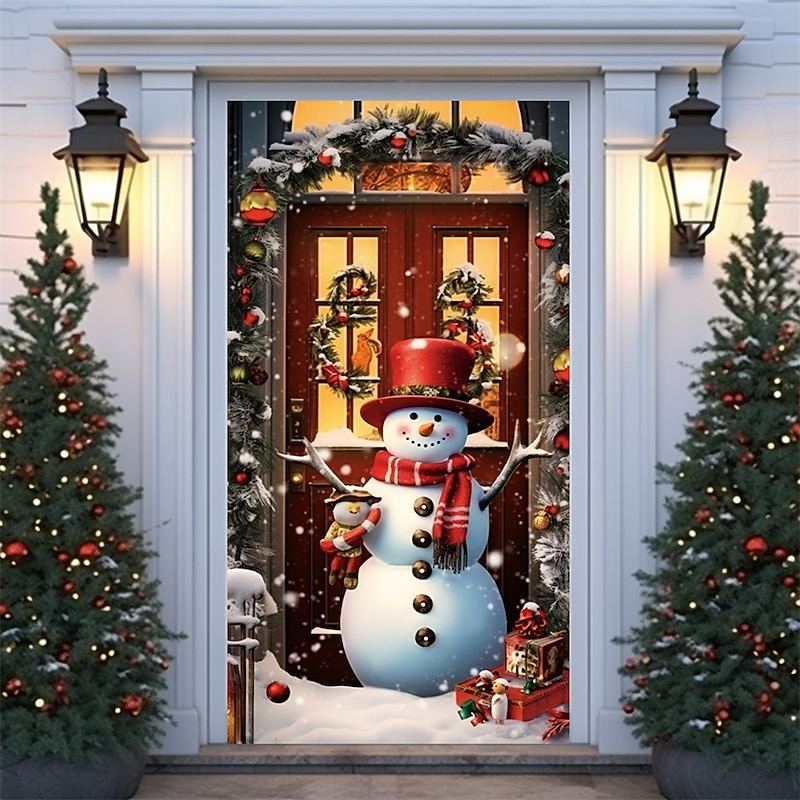 Christmas Door Decorations Snowman Door Covers Door Tapesty Door Curtain Decoration Backdrop Door Banner for Front Door Farmhouse Holiday Party Decor Supplies4