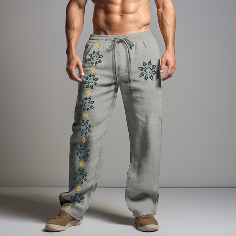Men's Graphic Florals Linen Pants Pants Trousers Baggy Pants Mid Waist Vintage Casual Vacation Daily Wear Going out Spring Fall Black White Khaki3