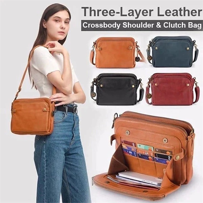 Women's Vintage Three-Layer Leather Crossbody Shoulder & Clutch Bag – Multi-Compartment Design for Casual, Work, and Travel Use