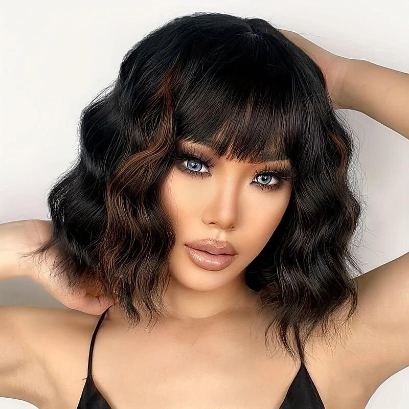 10 Inch Short Wavy Bob Wigs With Bangs For Women Black Mixed Brown Short Wavy Bob Curly Wigs Synthetic Natural Looking Heat Resistant Fiber Wigs