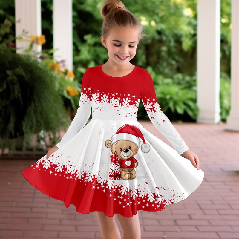 Girls' 3D Snowman Snowflake Dress Long Sleeve 3D Print Fall Winter Sports & Outdoor Daily Holiday Cute Casual Beautiful Kids 3-12 Years Casual Dress A Line Dress Above Knee Polyester Regular Fit2