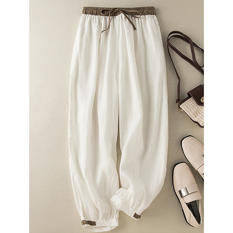 Women's Pants Trousers Harem Pants Vacation Streetwear Simple Ankle-Length High Waist Plain Pocket Drawstring Elastic Waist Comfort Breathability Soft Micro-elastic Outdoor Vacation Street White3