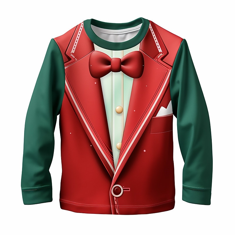 Boys 3D Bow tie Christmas T shirt Tee Shirts Long Sleeve 3D Print Fall Winter Sports Fashion Streetwear Kids 3-12 Years 4-12 Years Crew Neck Outdoor Casual Daily Regular Fit3