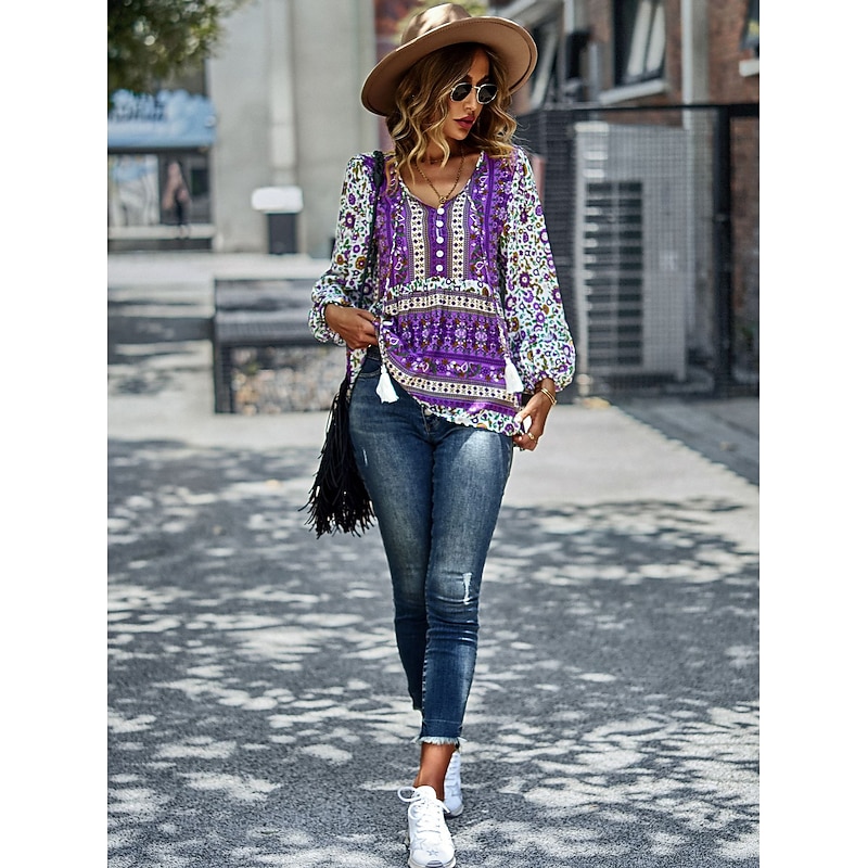 Women's Shirt Boho Shirt Lace Shirt Blouse Fashion Floral Lace up Print Long Sleeve Regular Tops V Neck Casual Holiday Red Navy Blue Blue Purple Green Spring &  Fall4