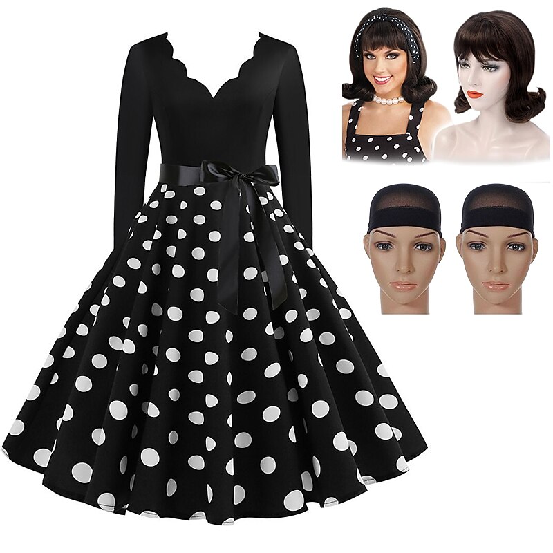 Set with Polka Dots Vintage Dress Beehive Curl Hair Wig 2* Wig Caps 4 PCS 1950s Retro Vintage Tea Dress A-Line Dress Rockabilly Flare Dress Women's Costume Christmas Homecoming3