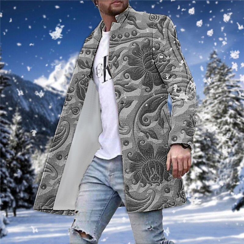 Men's Winter Coat Overcoat Coat Going out Weekend Print Fall & Winter Turndown Long Sleeve Blue Green khaki4