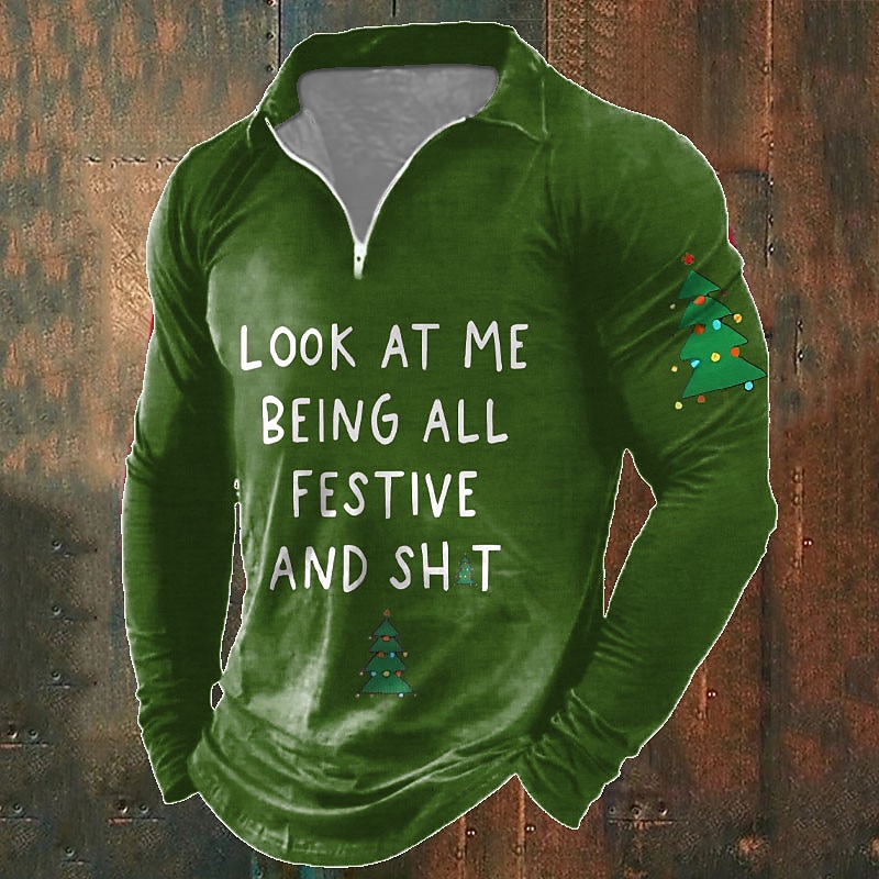 Christmas Men's Funny Christmas 3D Zipper Polo Tree Letter Casual Print 3D Zip Golf Outdoor Daily Wear Streetwear Polyester Short Sleeve Turndown Zip Shirts Black Wine Autumn / Fall S M L3