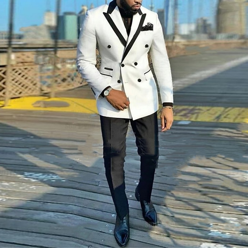 Men's Party Suits Peak Black Pink Solid Colored Tailored Fit 2 Piece Double Breasted Six-buttons2