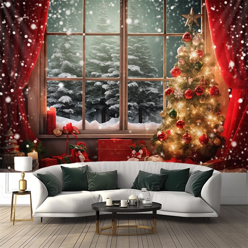 Christmas Decorations Christmas Tree Hanging Tapestry Winter Window View Wall Art Xmas Large Tapestry Mural Decor Photograph Backdrop Blanket Curtain Home Bedroom Living Room Decoration