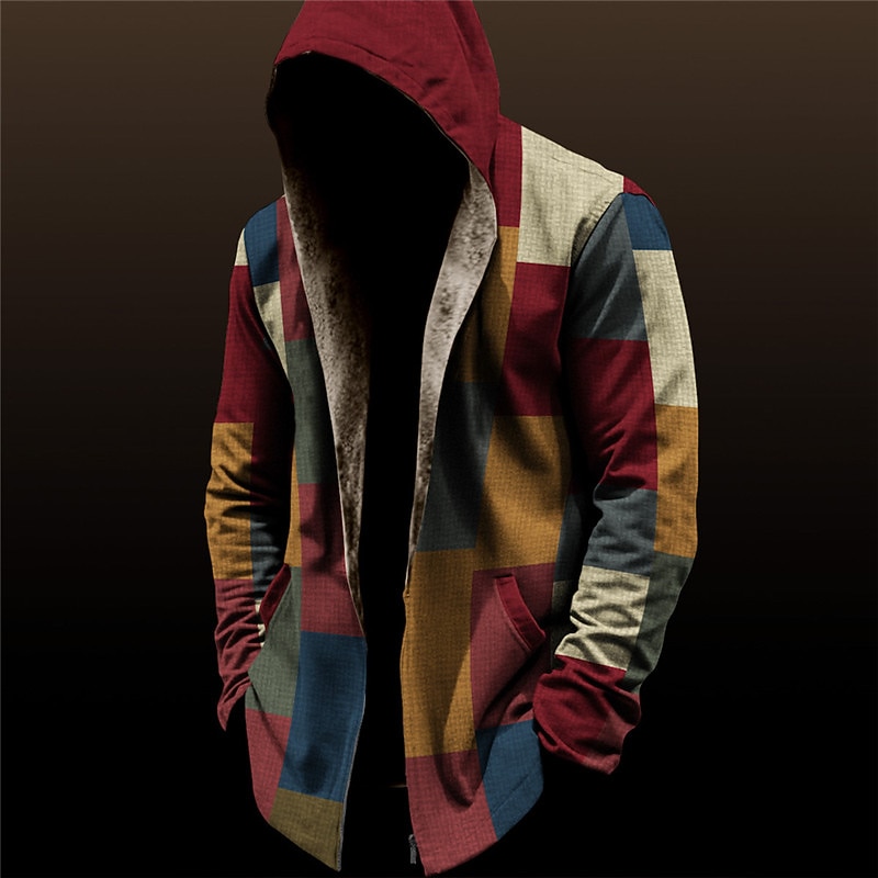 Men's Color Block Plaid / Check Winter Coat Fleece Jacket Coat Thermal Warm Vintage Daily Wear Going out Pocket Print Fall & Winter Hooded Long Sleeve Black Wine Red