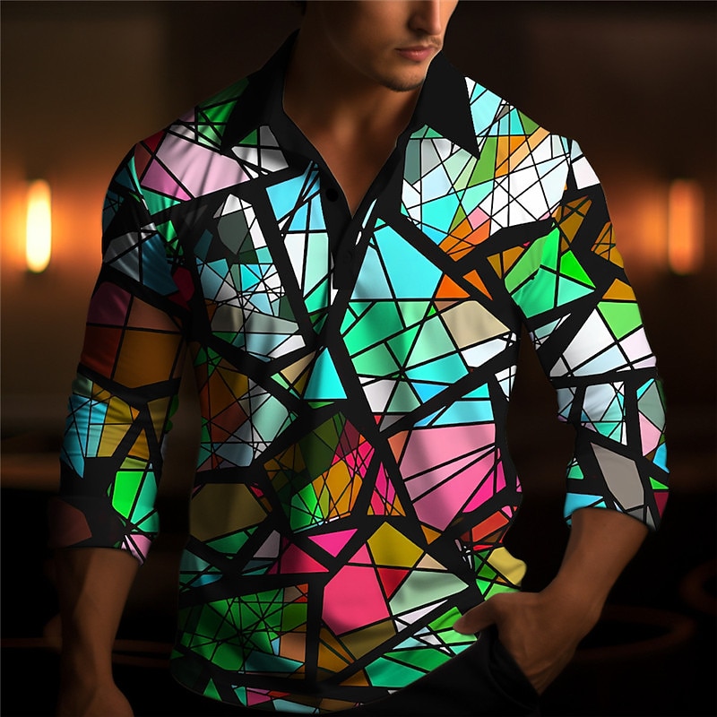 Men's Graphic Polo Shirts Golf Shirt Long Sleeve Polo Shirts Collared Shirts Casual Vacation Wear Rave Wear Party Outfits 3D Print Buttons Fall & Winter Dark Pink Blue2