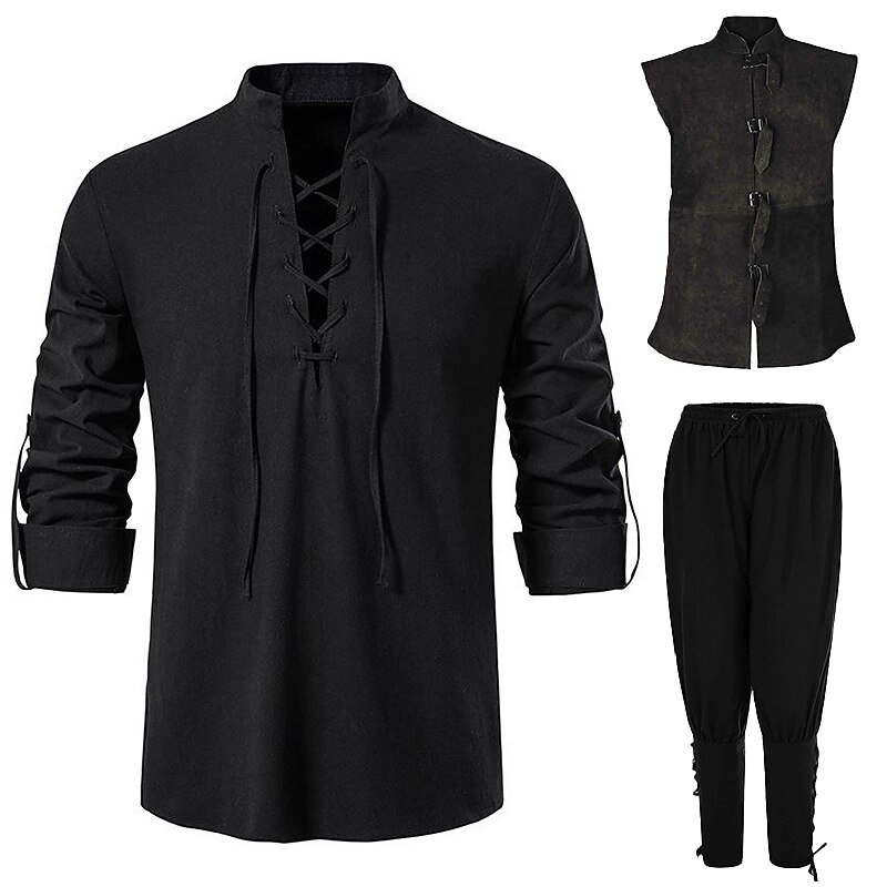 Set with Medieval Shirts Pirate Pants Vest 3 PCS Outfits Knight Ritter Viking Celtic Knight  Men's Renaissance 17th Century Cosplay Costume LARP Party Casual Daily Renaissance Fair2