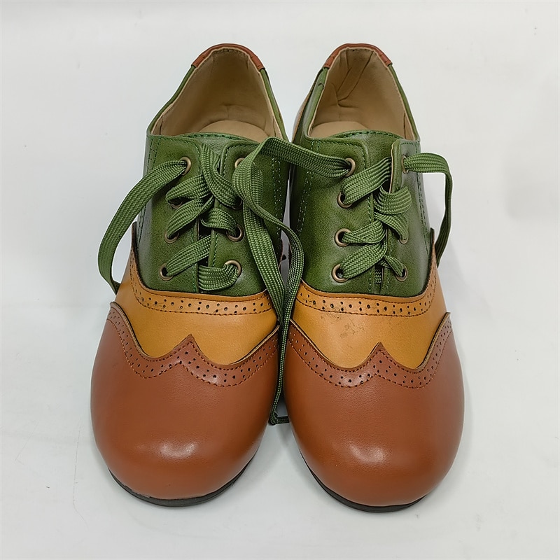 Women's Heels Pumps Brogue Wingtip Shoes Vintage Shoes Party Outdoor Daily Color Block Summer Cone Heel Round Toe Elegant Vacation Cute Leather Buckle Black Yellow Purple3
