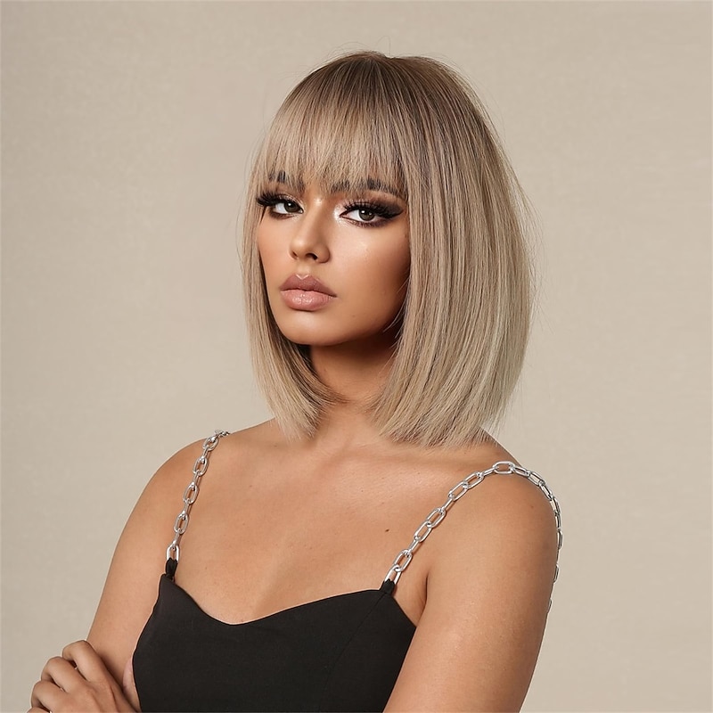 Prreey Bob Wig Human Hair Women Straight Short Blonde Wig 14inch with Adjustable Tab Brown Tea Natural Color Bob Wig with Bangs for Daily (Light Brown)4